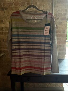 Chaser Heather Gray Striped Crewneck lightweight sweater with Multicolor Bands